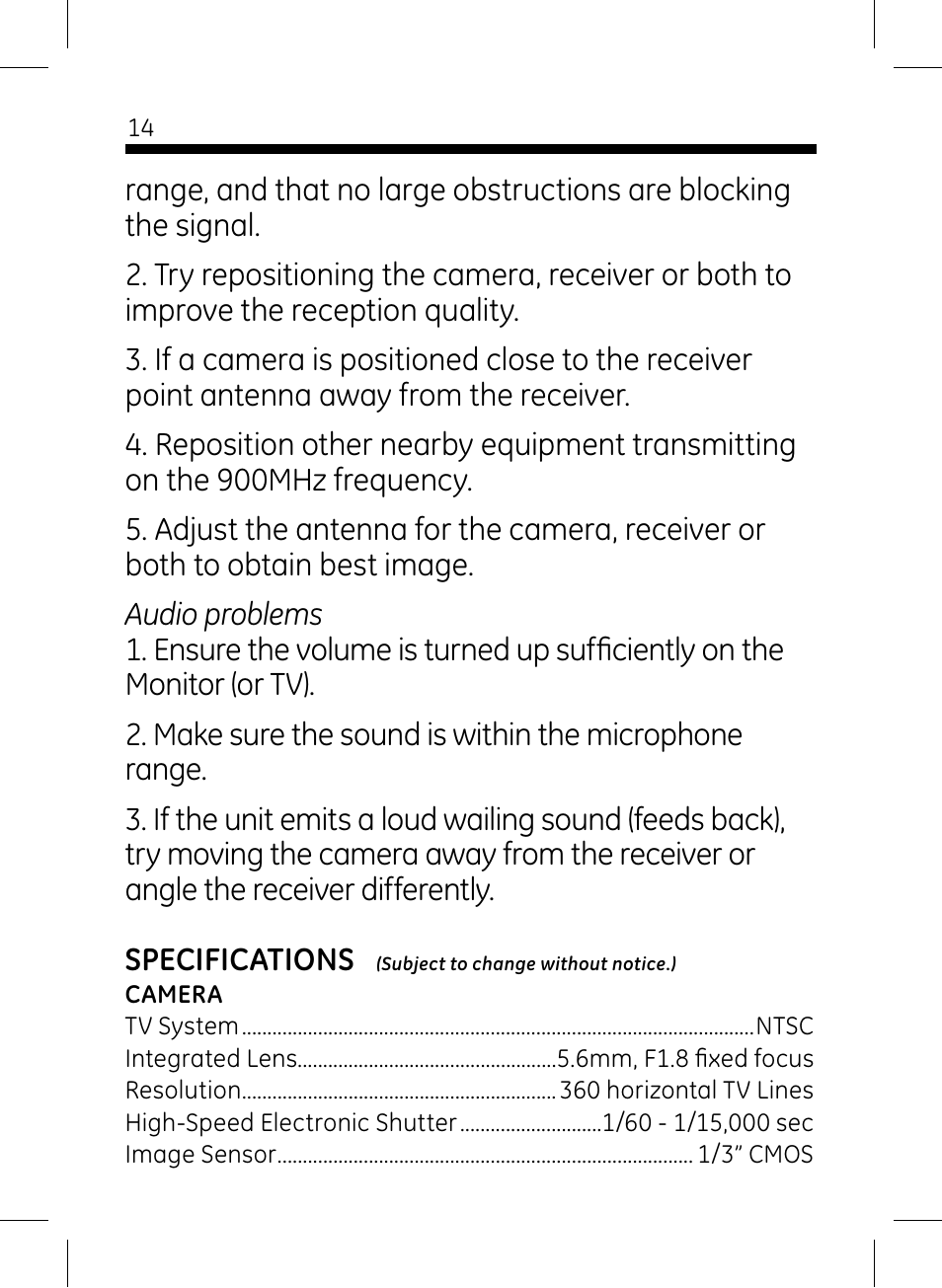 GE 45234 GE Home Monitoring Wireless Color Camera System with Receiver User Manual | Page 14 / 16