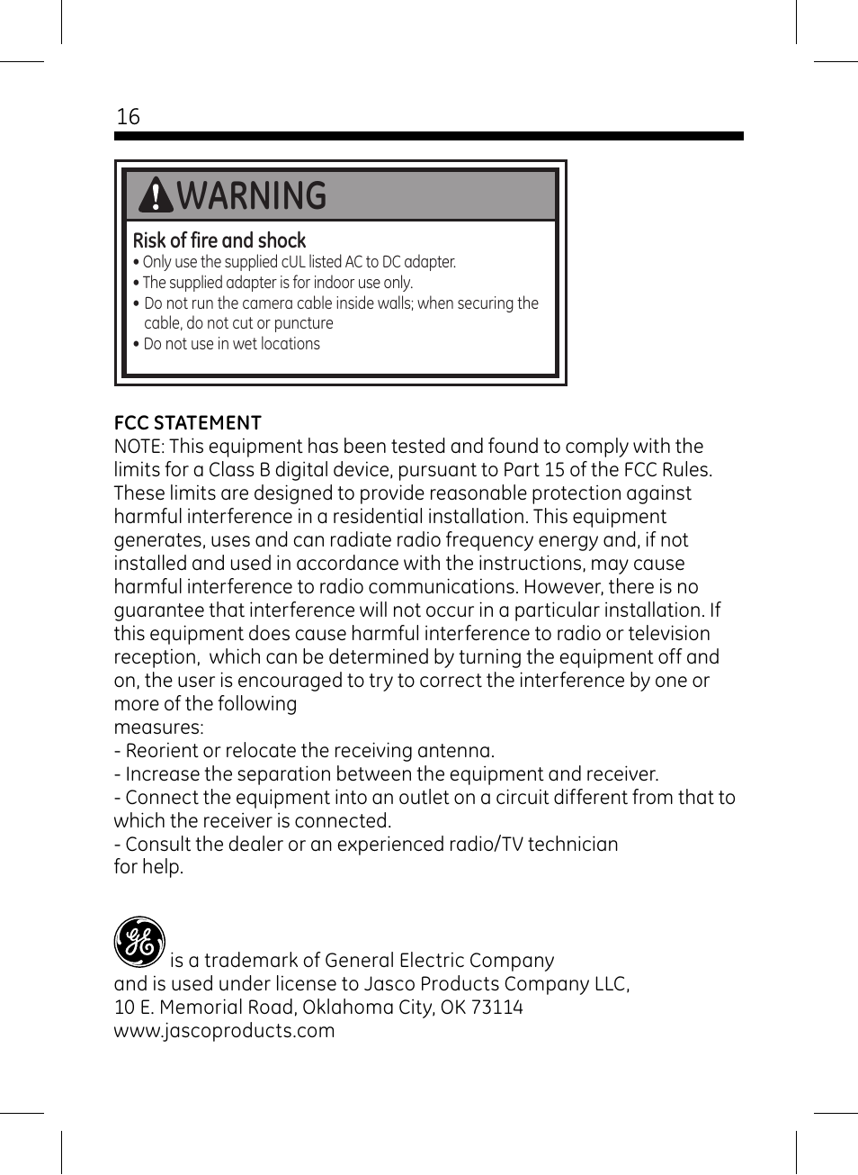 Warning | GE 45234 GE Home Monitoring Wireless Color Camera System with Receiver User Manual | Page 16 / 16