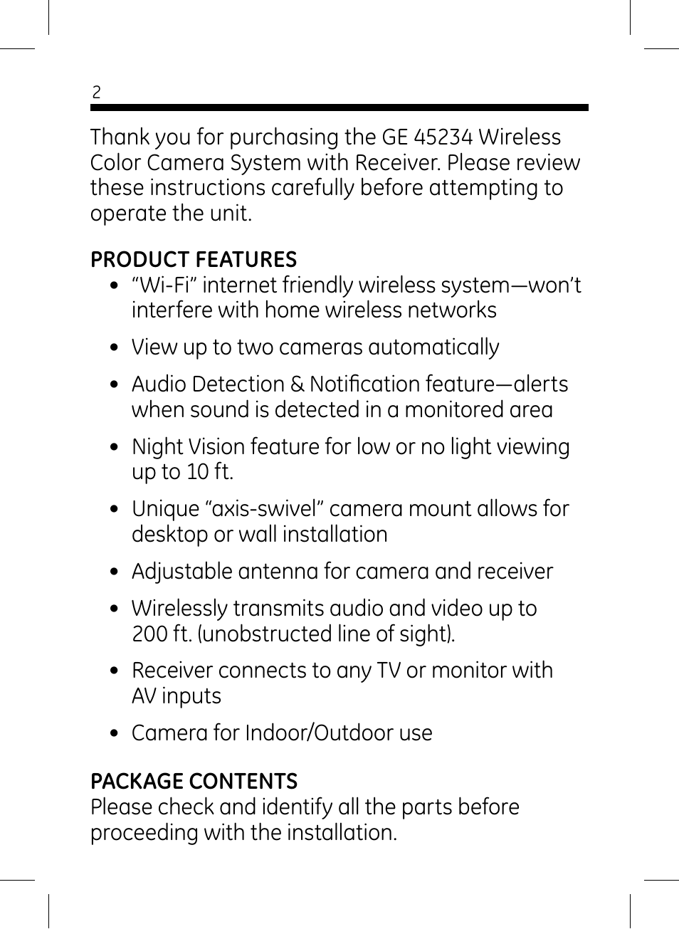 GE 45234 GE Home Monitoring Wireless Color Camera System with Receiver User Manual | Page 2 / 16