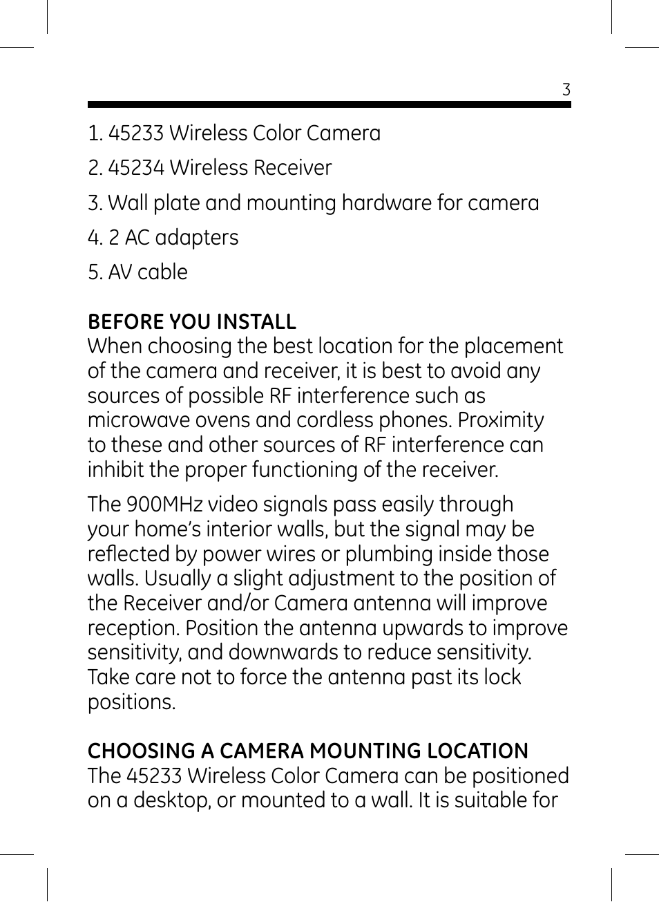 GE 45234 GE Home Monitoring Wireless Color Camera System with Receiver User Manual | Page 3 / 16