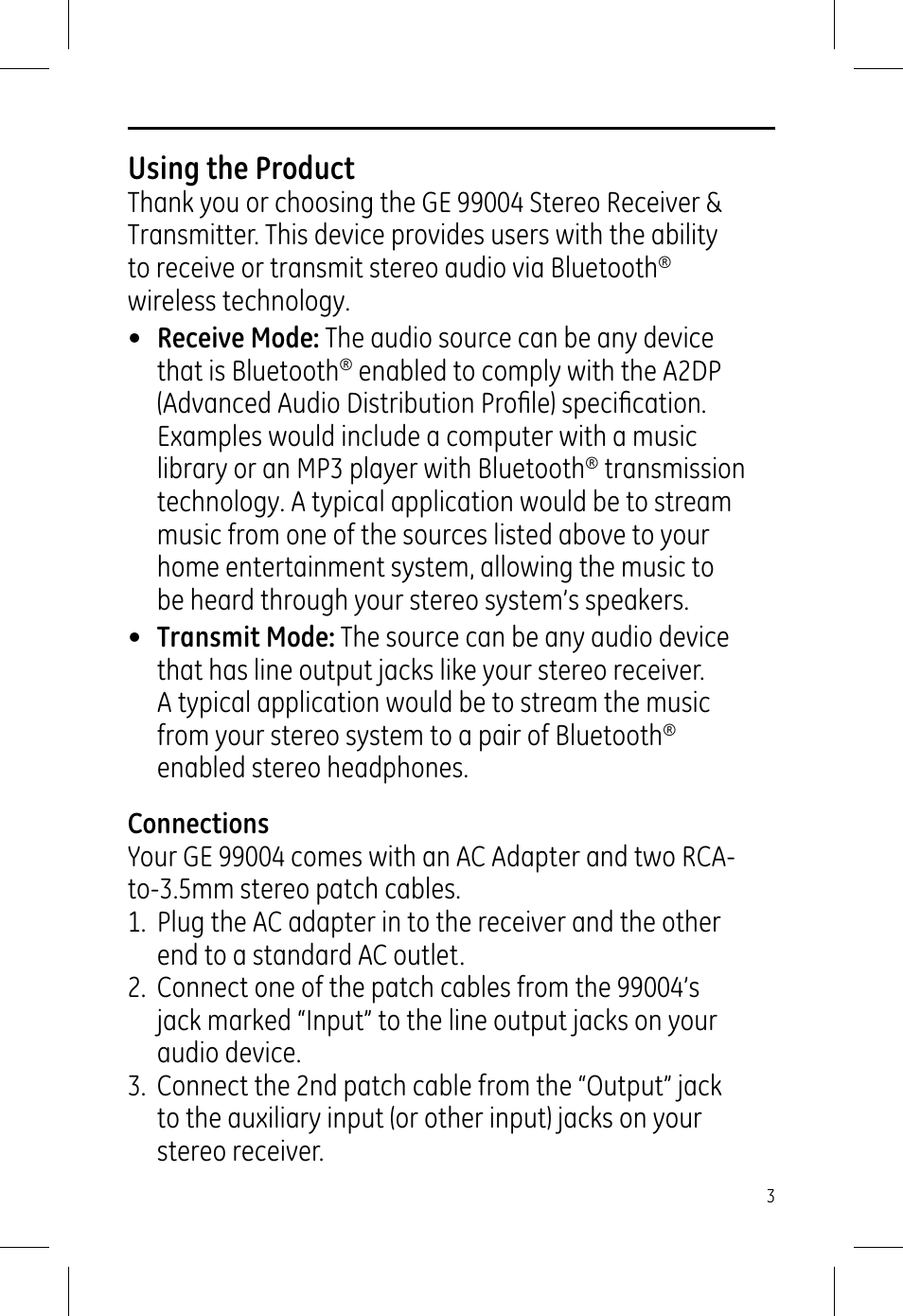 Using the product | GE 99004 GE Bluetooth Home Stereo Transmitter and Receiver User Manual | Page 3 / 8