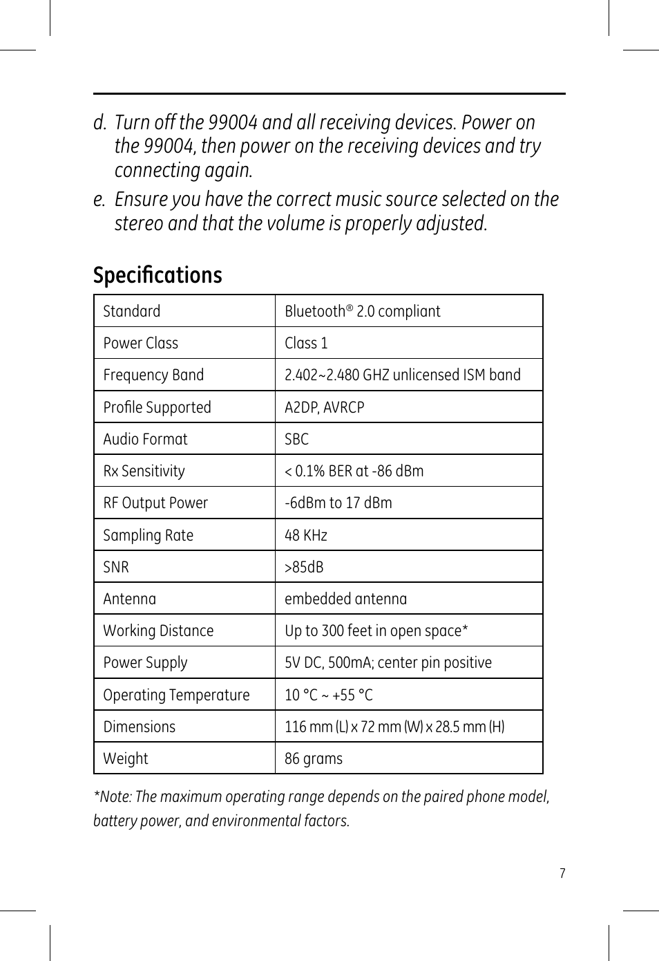 Speciﬁ cations | GE 99004 GE Bluetooth Home Stereo Transmitter and Receiver User Manual | Page 7 / 8