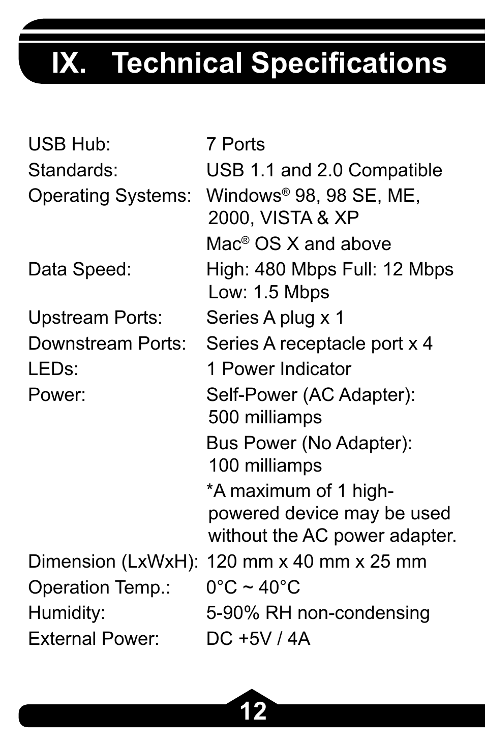 Ix. technical specifications | GE 97863 GE USB 2.0 7 Port Desktop Hub User Manual | Page 12 / 28