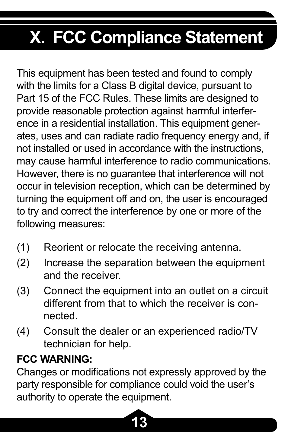 X. fcc compliance statement | GE 97863 GE USB 2.0 7 Port Desktop Hub User Manual | Page 13 / 28