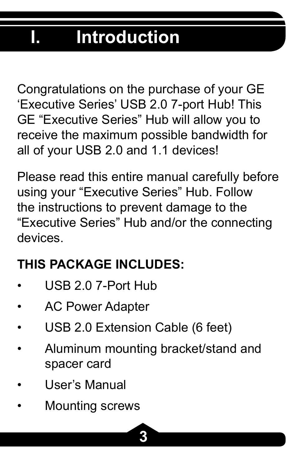 I. introduction | GE 97863 GE USB 2.0 7 Port Desktop Hub User Manual | Page 3 / 28
