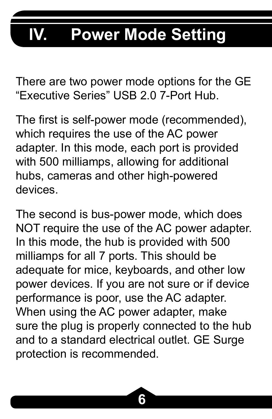 Iv. power mode setting | GE 97863 GE USB 2.0 7 Port Desktop Hub User Manual | Page 6 / 28