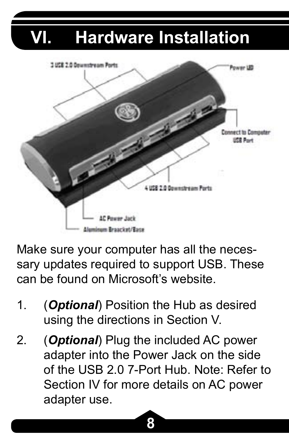 Vi. hardware installation | GE 97863 GE USB 2.0 7 Port Desktop Hub User Manual | Page 8 / 28