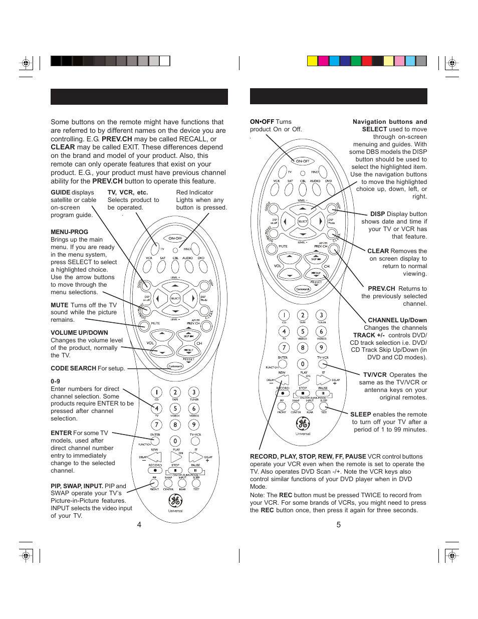 Button functions, cont, Button functions | GE RM24945 User Manual | Page 3 / 13