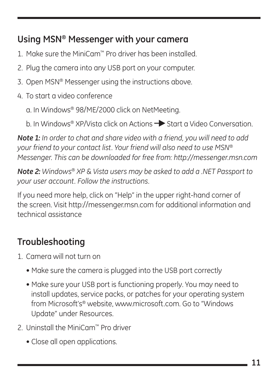 Using msn, Messenger with your camera, Troubleshooting | GE 98067 GE Minicam Pro User Manual | Page 11 / 14