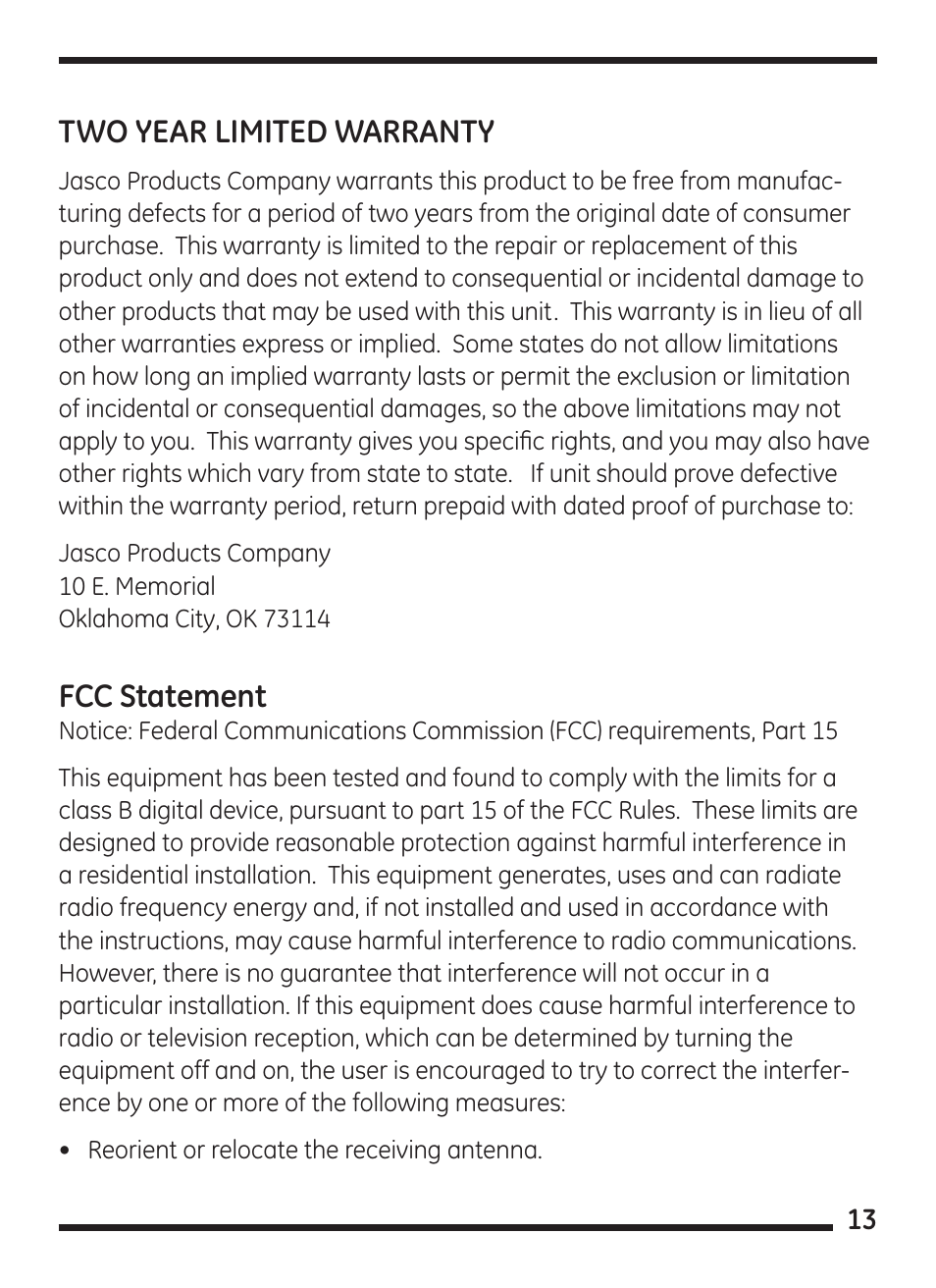 Two year limited warranty, Fcc statement | GE 98067 GE Minicam Pro User Manual | Page 13 / 14