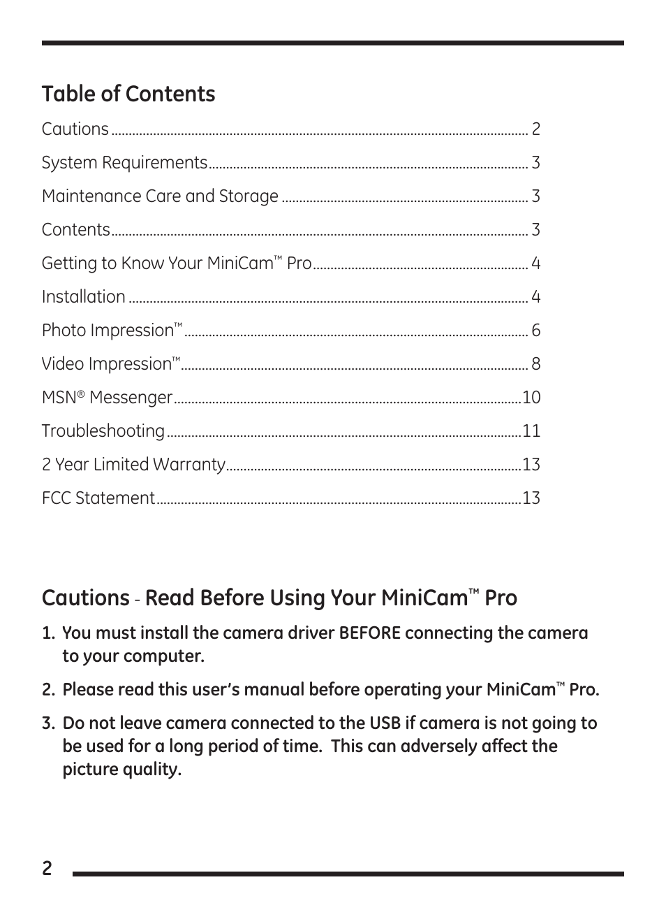 GE 98067 GE Minicam Pro User Manual | Page 2 / 14