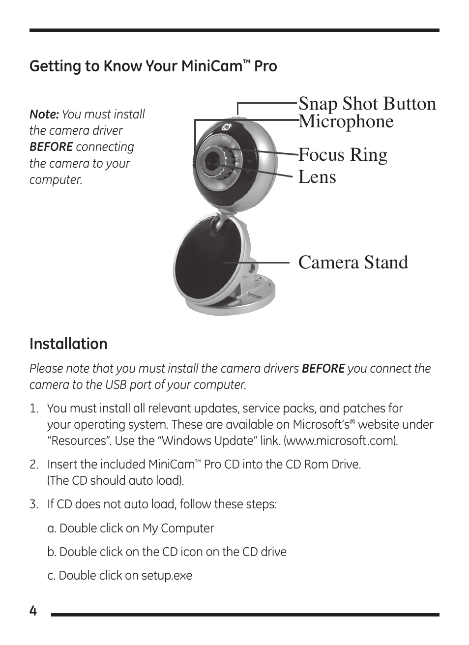 Getting to know your minicam, Installation | GE 98067 GE Minicam Pro User Manual | Page 4 / 14