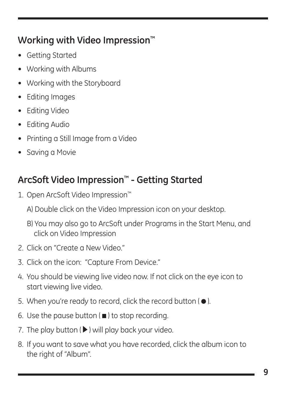 Working with video impression, Arcsoft video impression, Getting started | GE 98067 GE Minicam Pro User Manual | Page 9 / 14