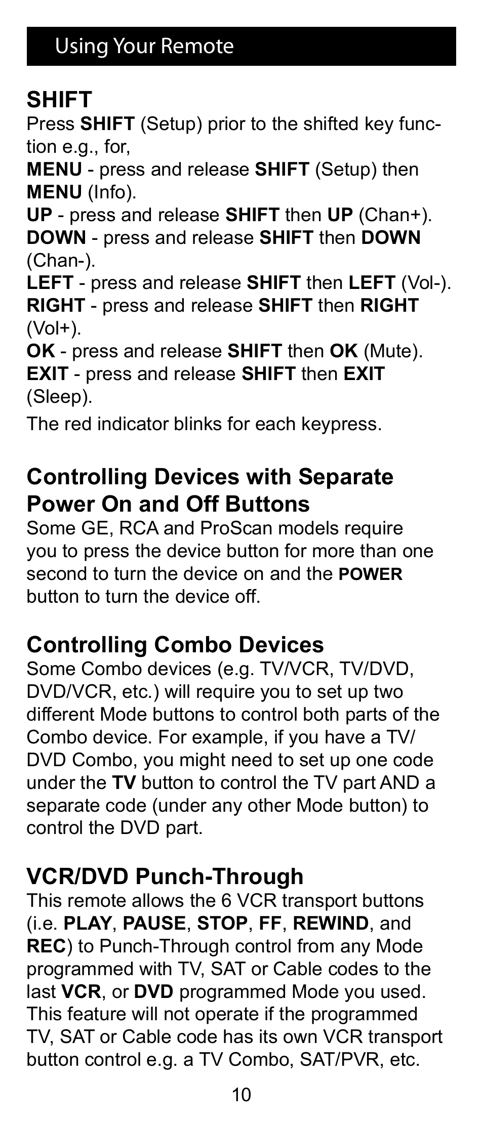 Using your remote shift, Controlling combo devices, Vcr/dvd punch-through | GE RM24993 User Manual | Page 10 / 16