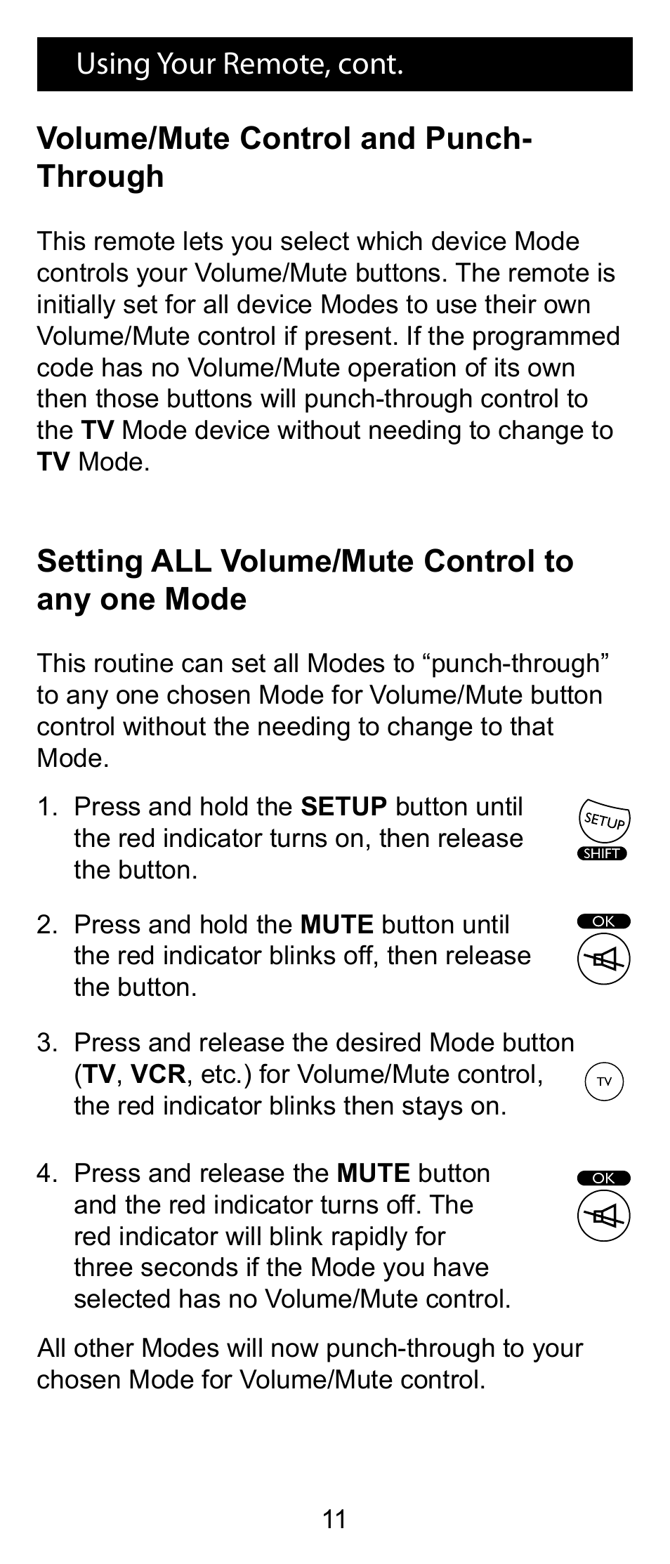 Volume/mute control and punch- through, Setting all volume/mute control to any one mode, Using your remote, cont | GE RM24993 User Manual | Page 11 / 16