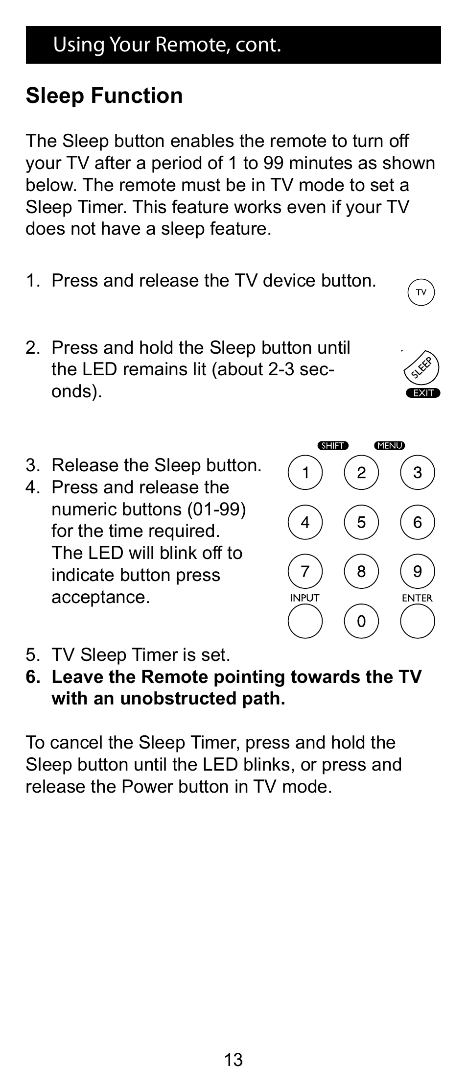 Using your remote, cont. sleep function | GE RM24993 User Manual | Page 13 / 16