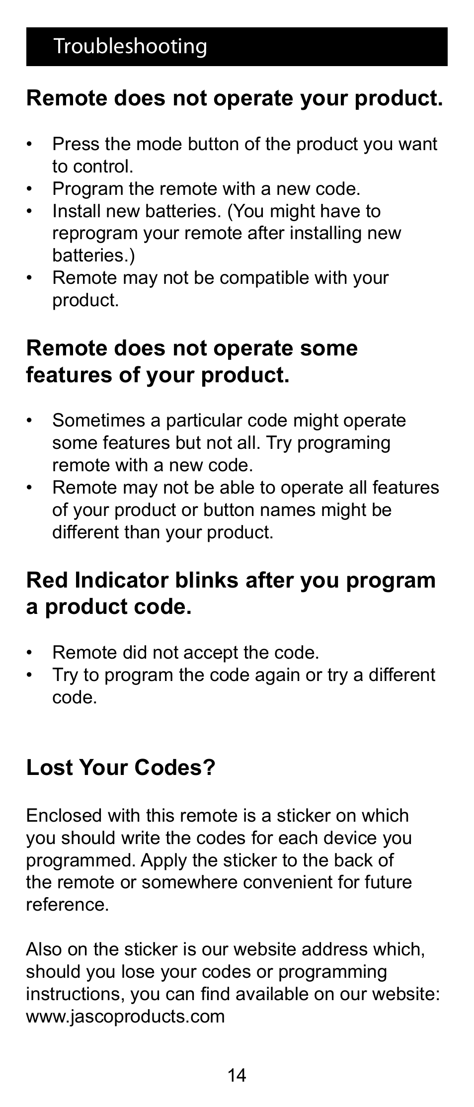 Remote does not operate your product, Lost your codes, Troubleshooting | GE RM24993 User Manual | Page 14 / 16