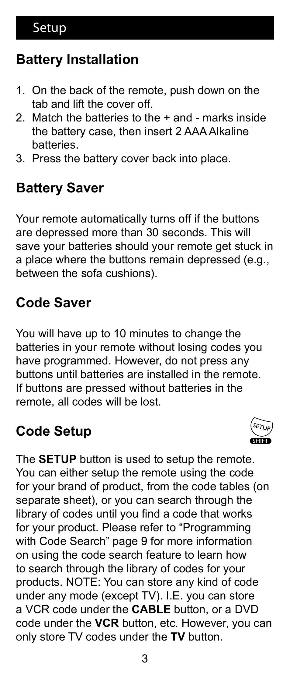 Battery installation, Battery saver, Code saver | Code setup, Setup | GE RM24993 User Manual | Page 3 / 16