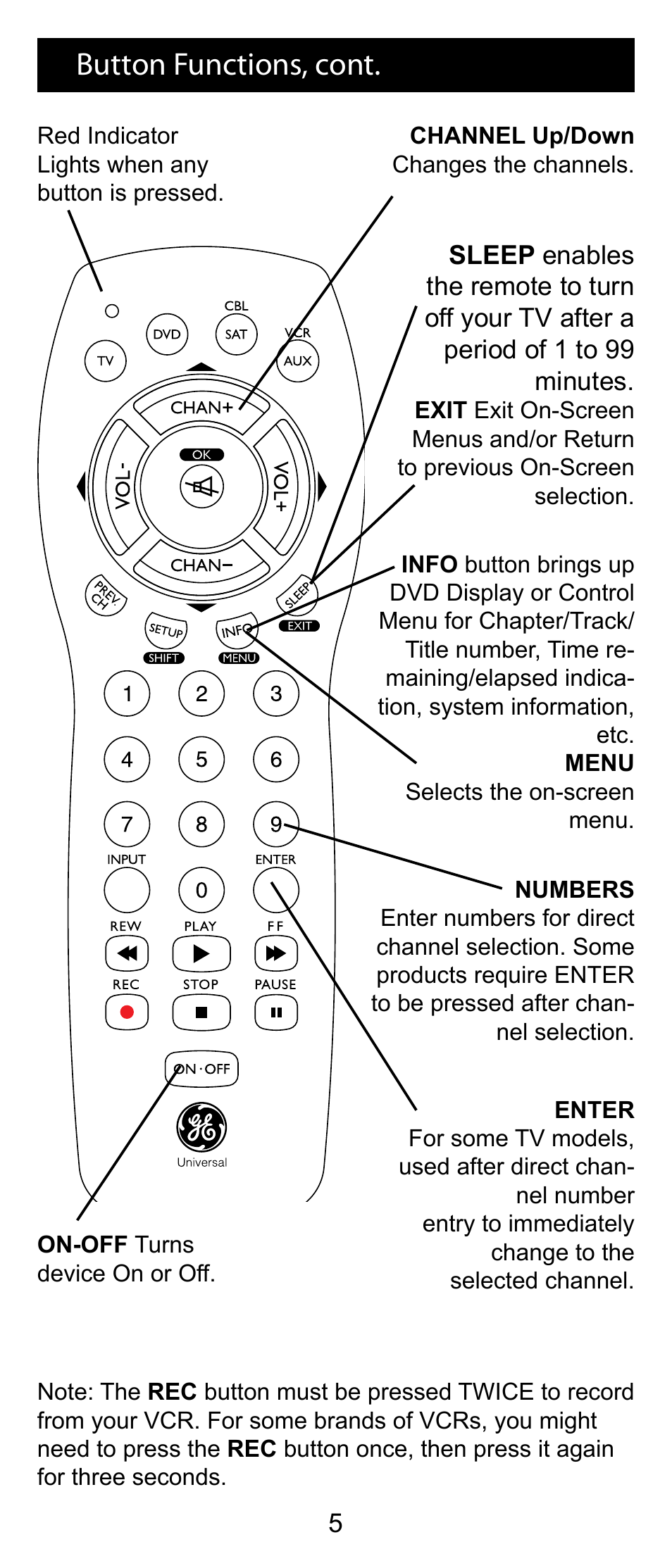 Button functions, cont | GE RM24993 User Manual | Page 5 / 16
