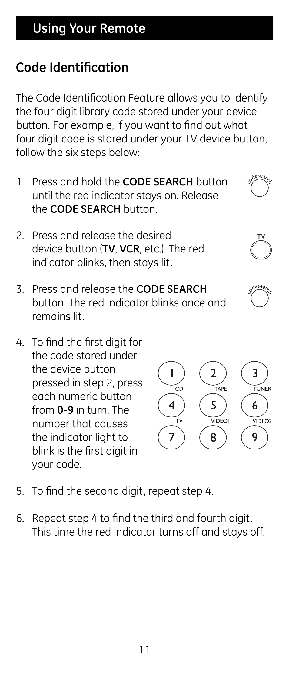 Using your remote code identification | GE RM24926 User Manual | Page 11 / 34