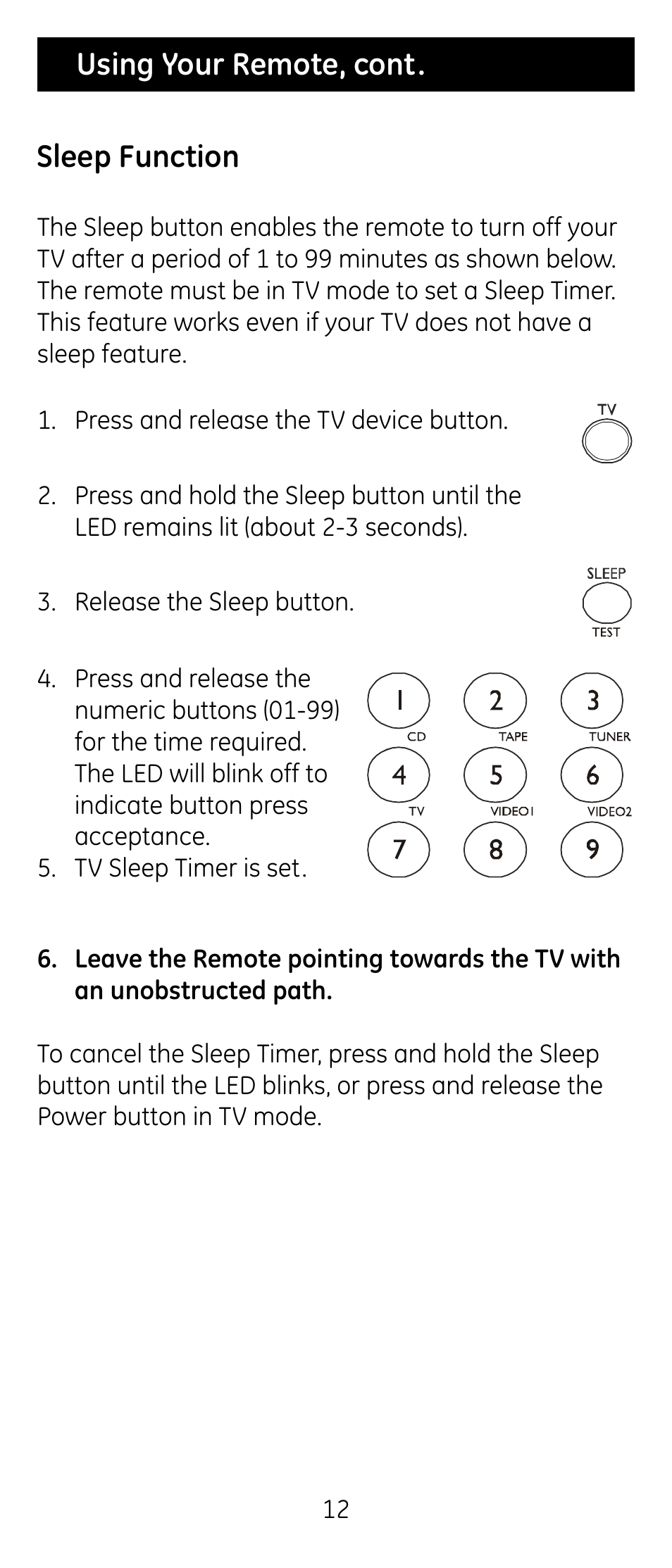 Using your remote, cont. sleep function | GE RM24926 User Manual | Page 12 / 34