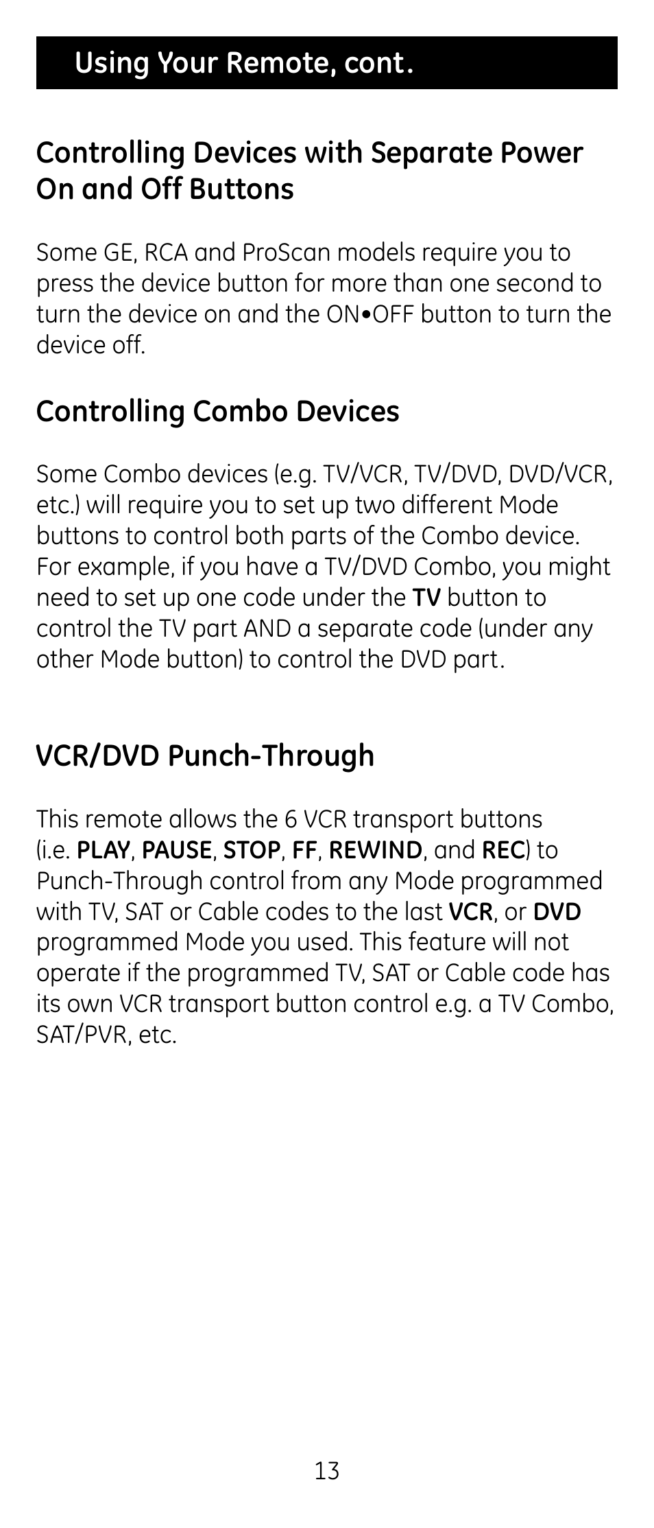 Controlling combo devices, Vcr/dvd punch-through | GE RM24926 User Manual | Page 13 / 34