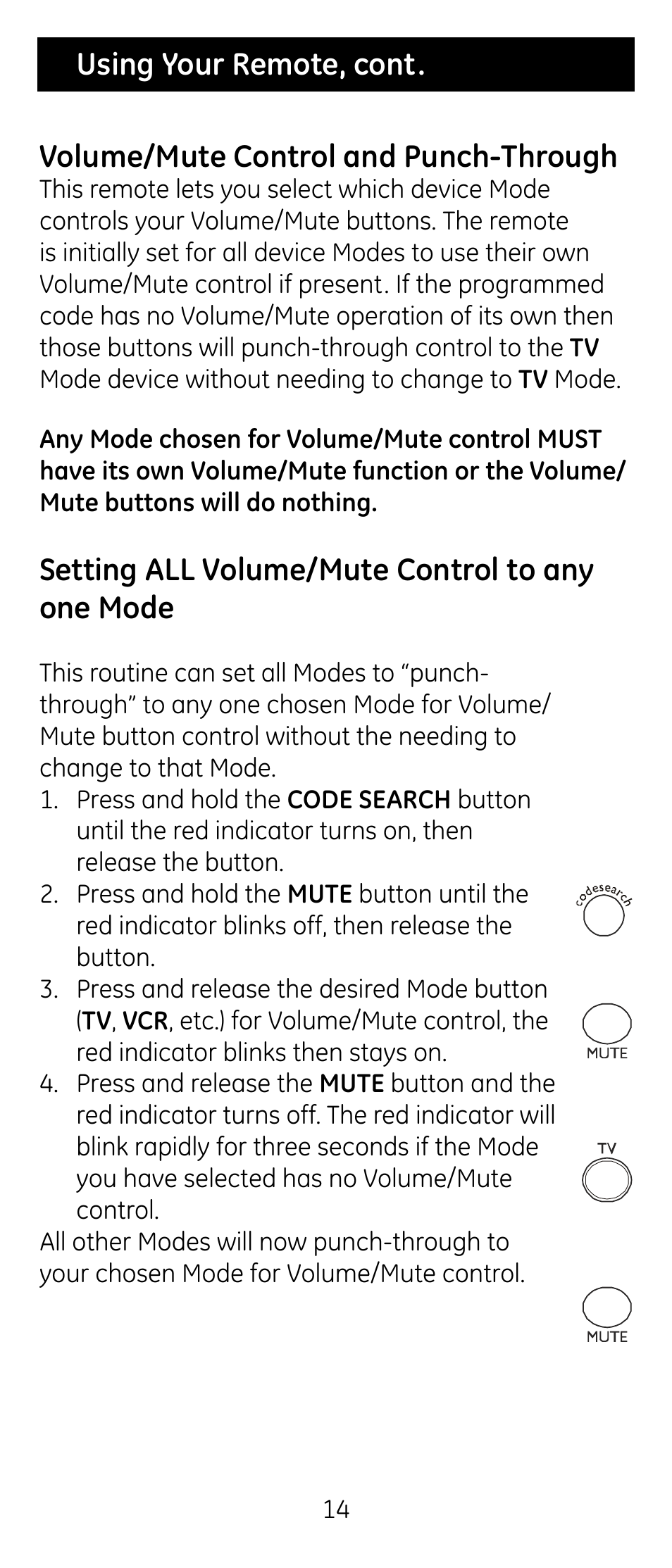 Volume/mute control and punch-through, Setting all volume/mute control to any one mode, Using your remote, cont | GE RM24926 User Manual | Page 14 / 34