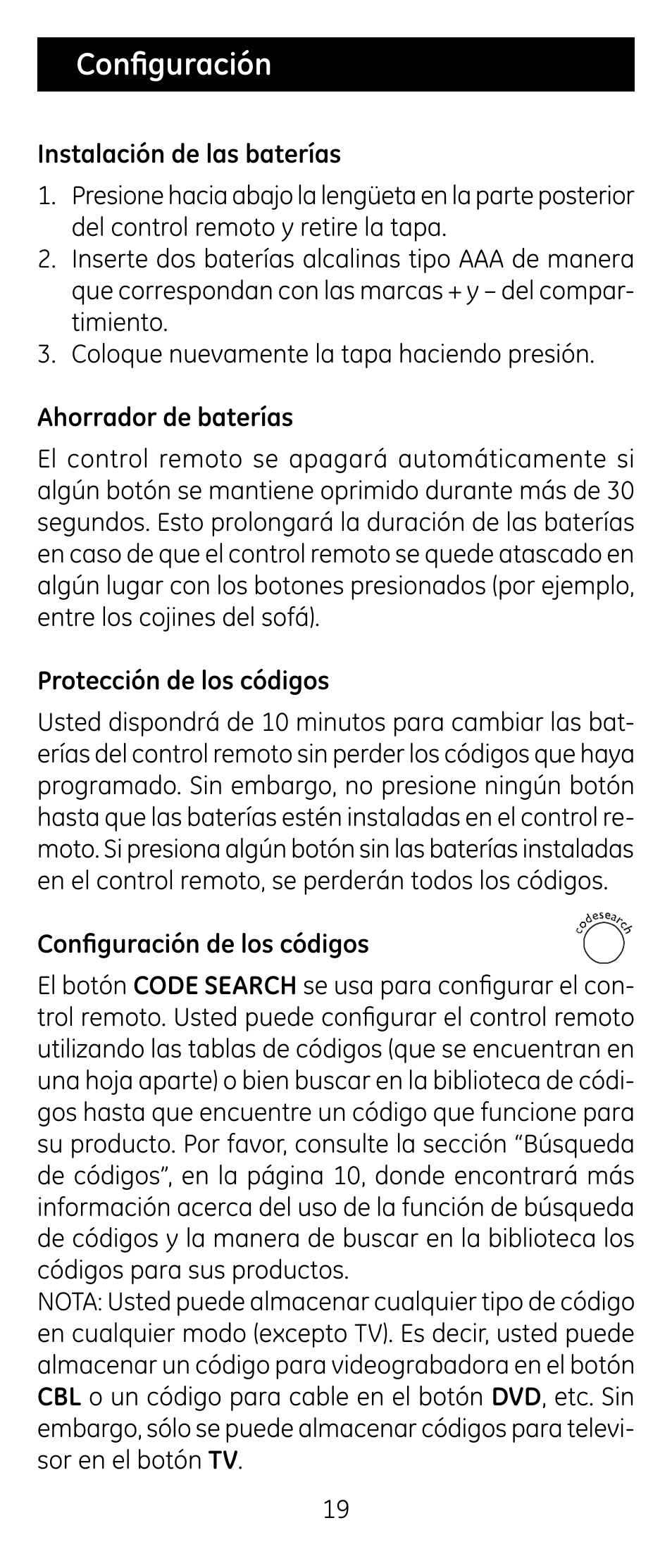 Configuración | GE RM24926 User Manual | Page 19 / 34