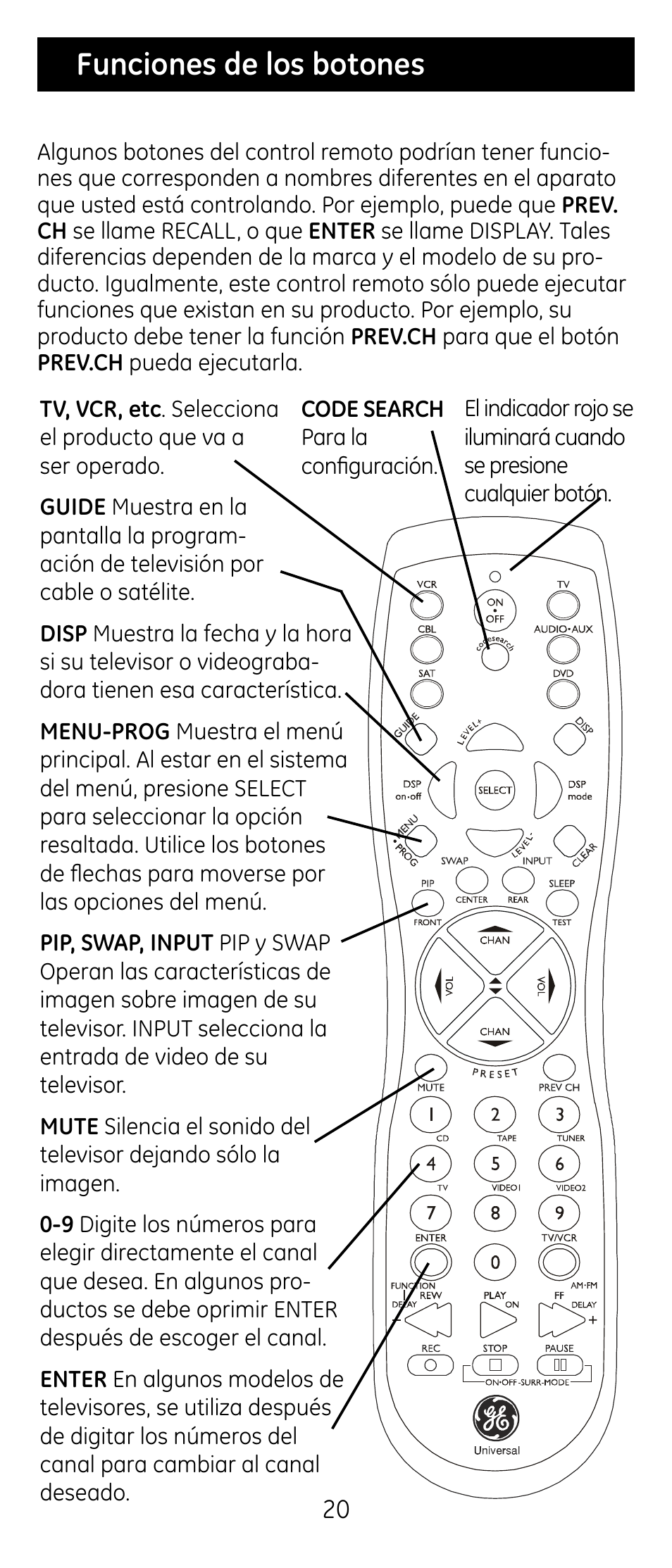 Funciones de los botones | GE RM24926 User Manual | Page 20 / 34