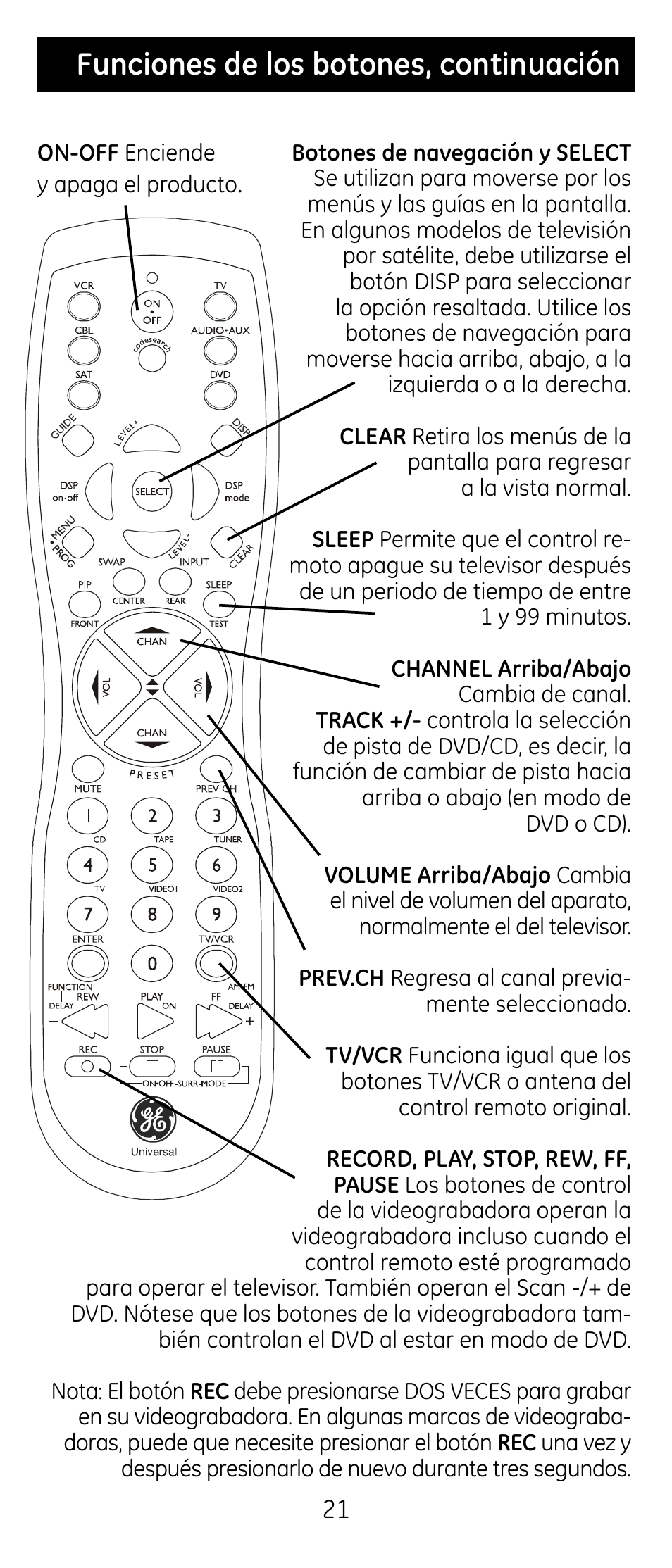 Funciones de los botones, continuación | GE RM24926 User Manual | Page 21 / 34