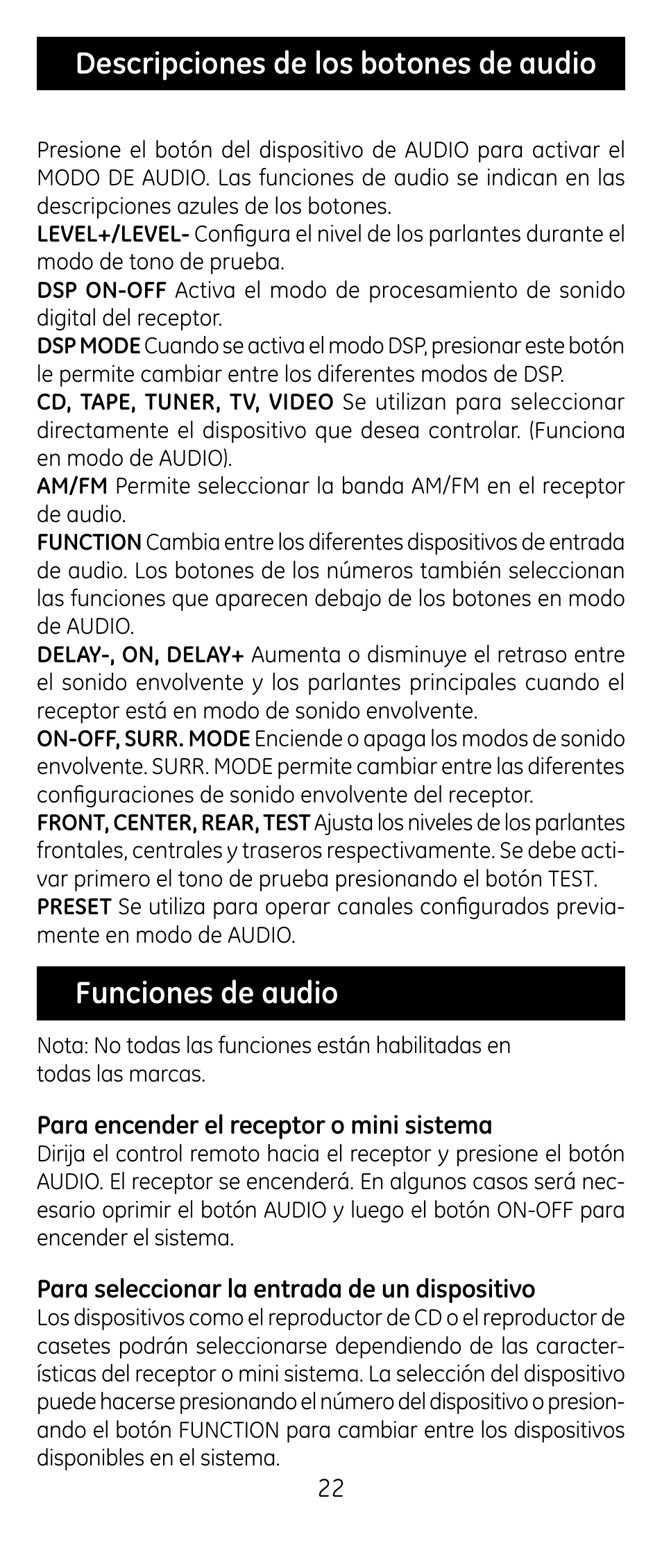 Descripciones de los botones de audio, Funciones de audio | GE RM24926 User Manual | Page 22 / 34