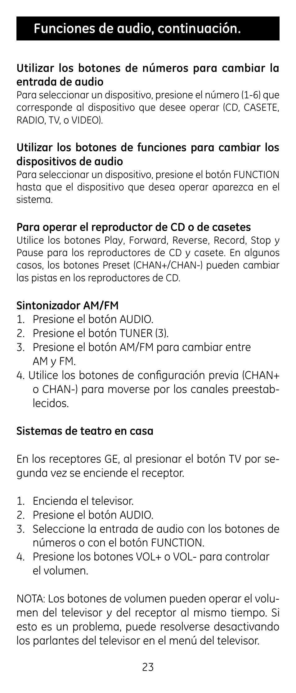 Funciones de audio, continuación | GE RM24926 User Manual | Page 23 / 34