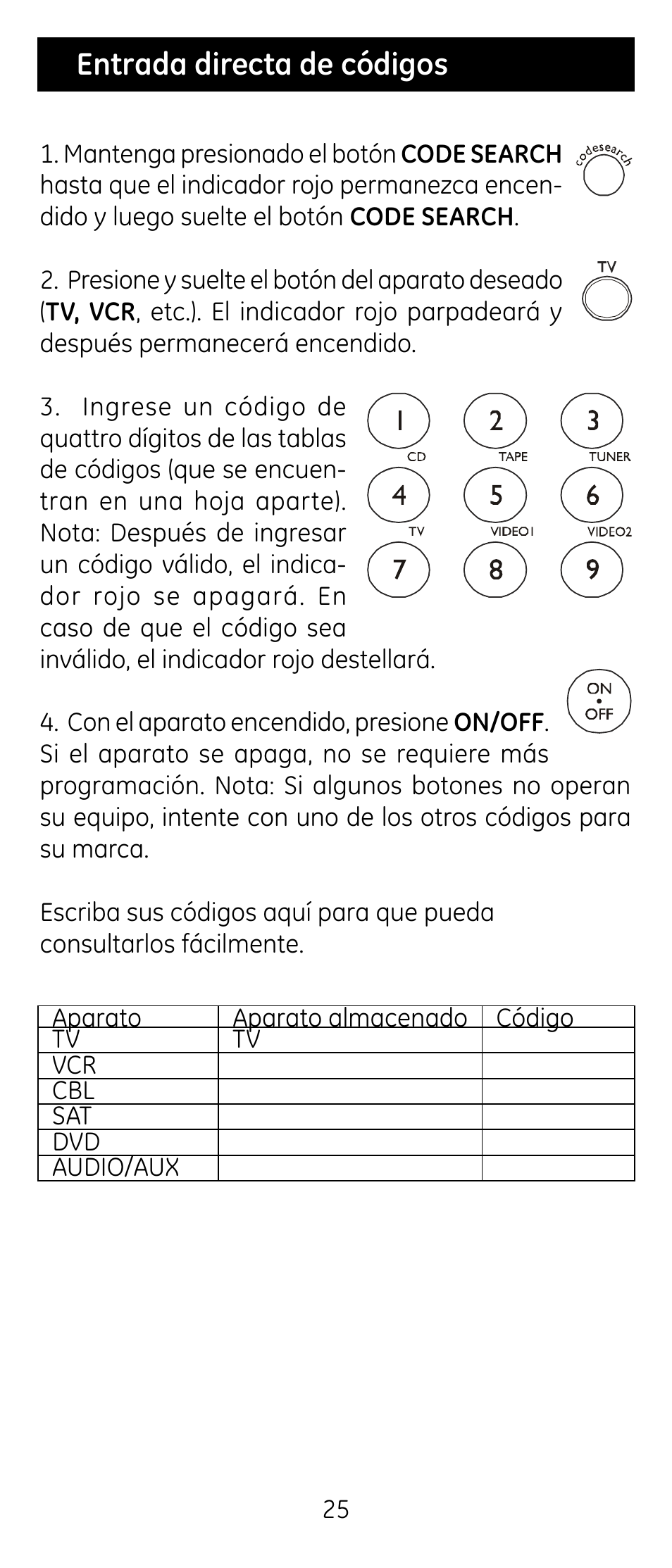 Entrada directa de códigos | GE RM24926 User Manual | Page 25 / 34