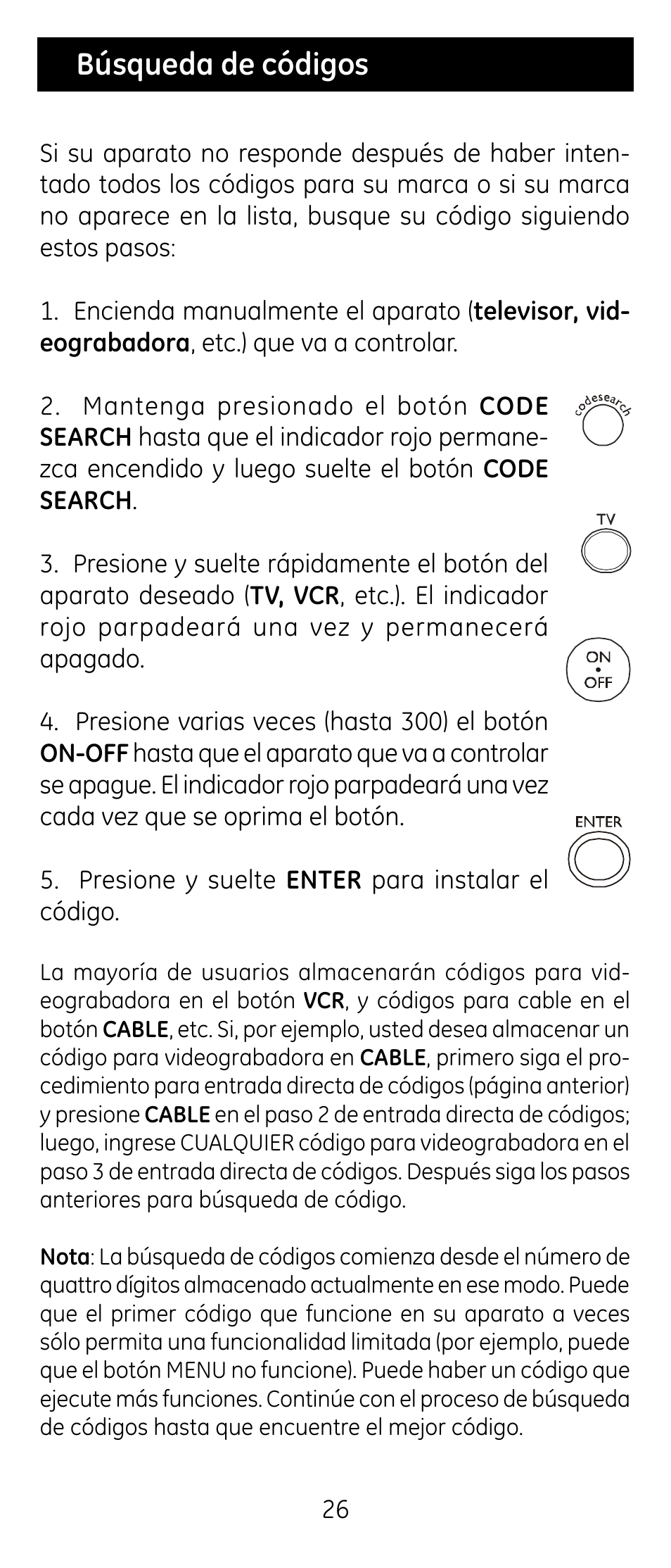 Búsqueda de códigos | GE RM24926 User Manual | Page 26 / 34