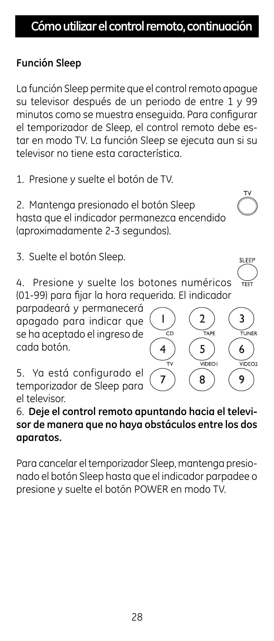 Cómo utilizar el control remoto, continuación | GE RM24926 User Manual | Page 28 / 34