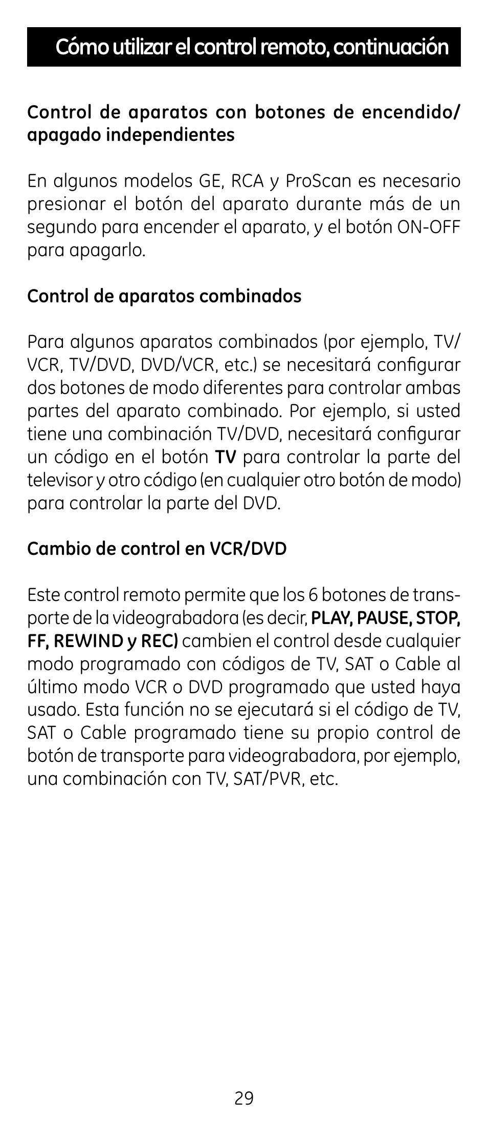 Cómo utilizar el control remoto, continuación | GE RM24926 User Manual | Page 29 / 34