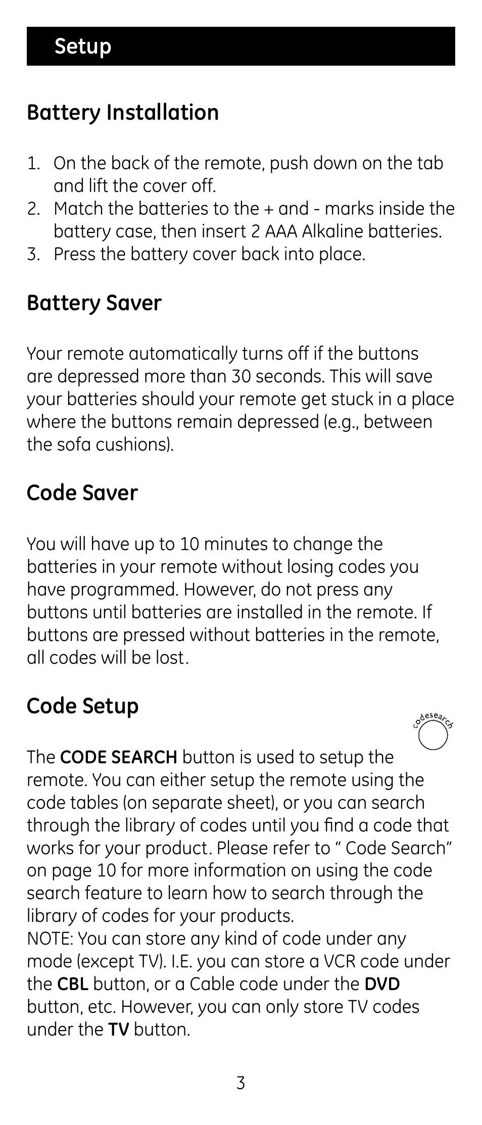 Battery installation, Battery saver, Code saver | Code setup, Setup | GE RM24926 User Manual | Page 3 / 34