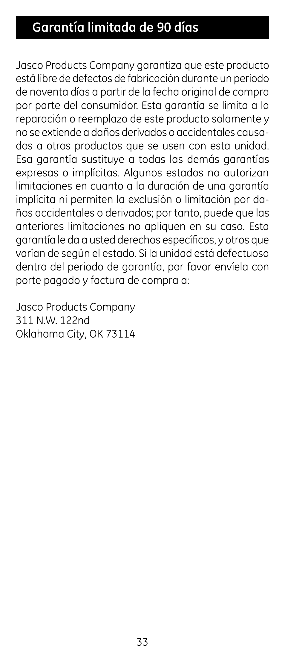 Garantía limitada de 90 días | GE RM24926 User Manual | Page 33 / 34