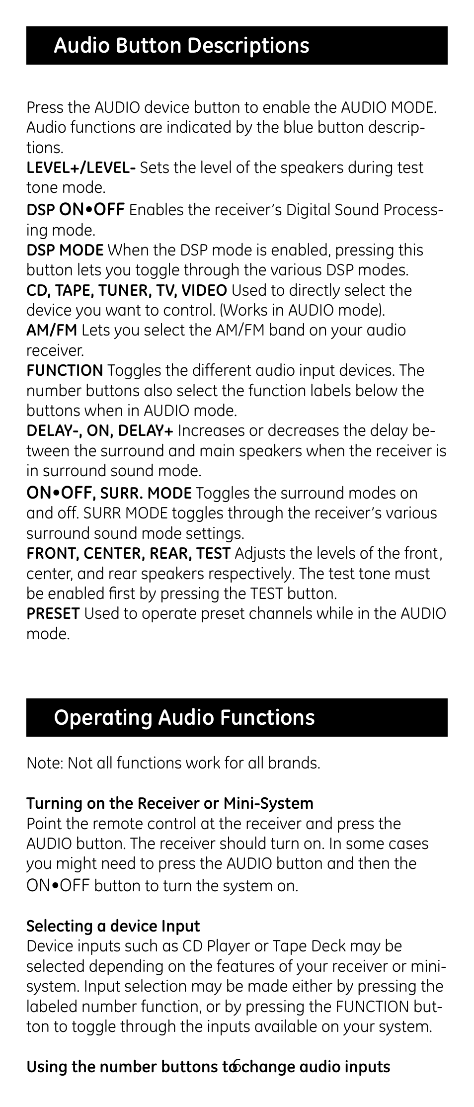 Operating audio functions, Audio button descriptions | GE RM24926 User Manual | Page 6 / 34