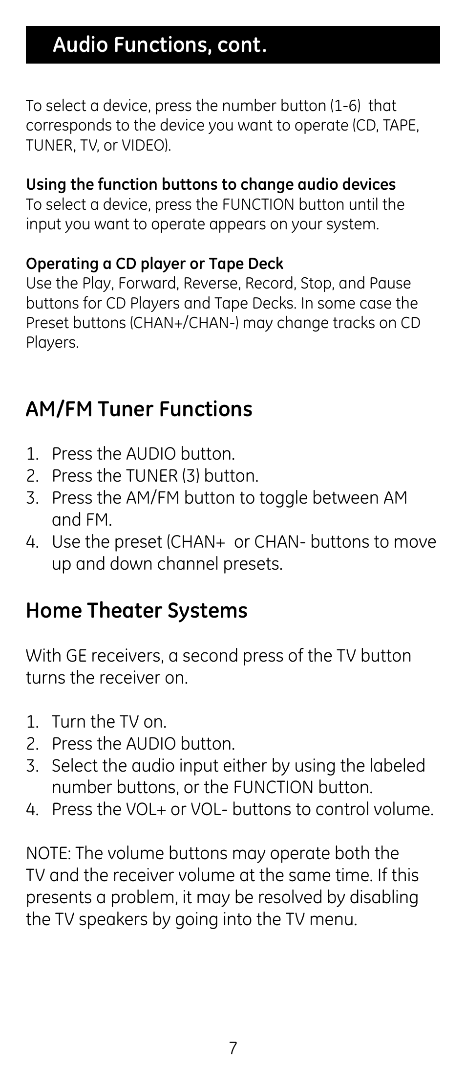 Am/fm tuner functions, Home theater systems, Audio functions, cont | GE RM24926 User Manual | Page 7 / 34