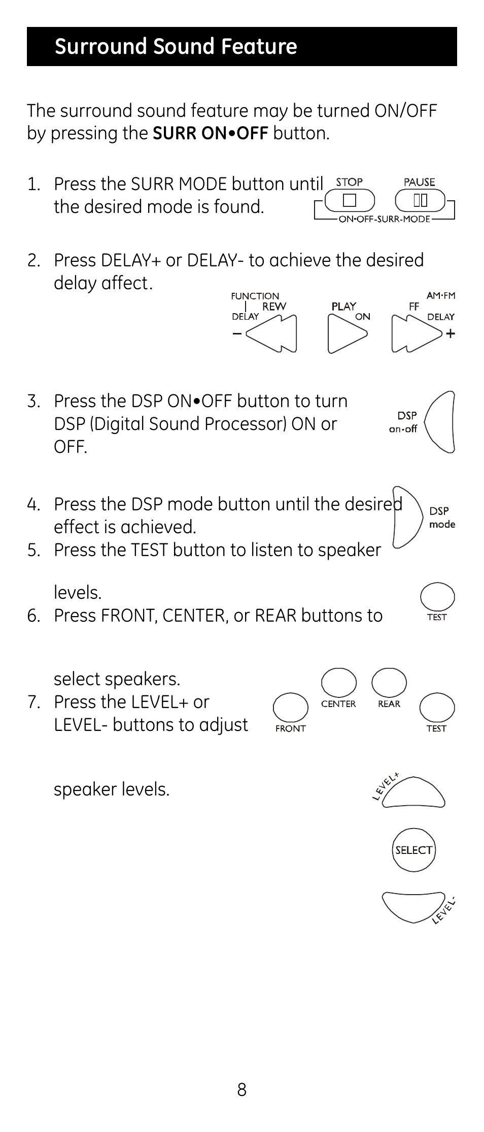 Surround sound feature | GE RM24926 User Manual | Page 8 / 34