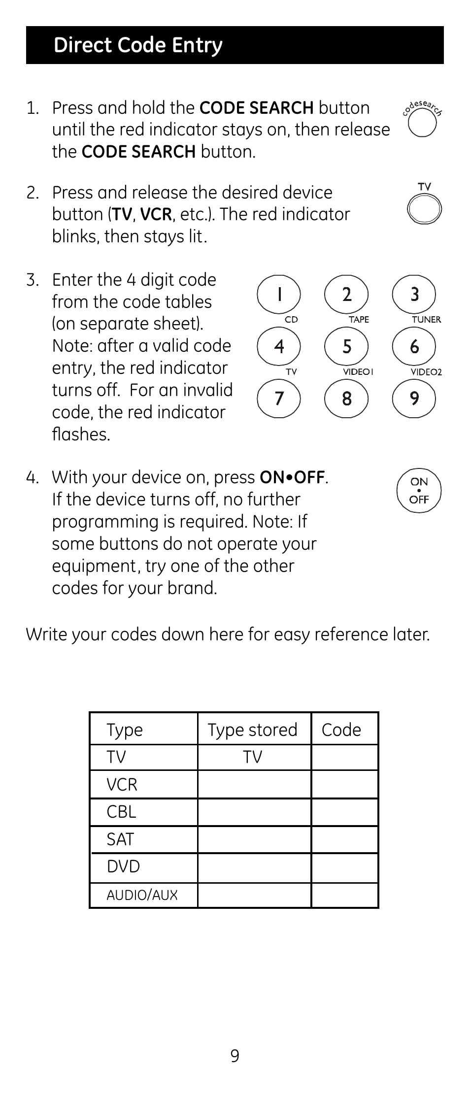 Direct code entry | GE RM24926 User Manual | Page 9 / 34