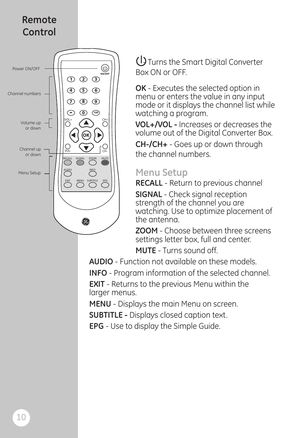 Ok 0, Remote control, Menu setup | GE 22730 GE Smart Digital Converter Box User Manual | Page 10 / 23