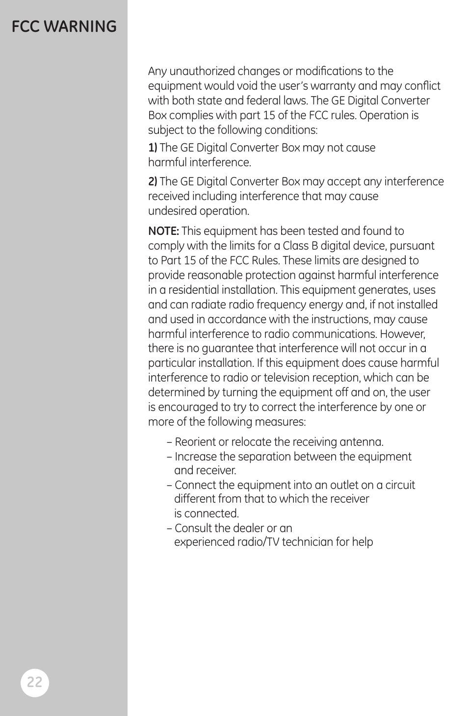 Fcc warning | GE 22730 GE Smart Digital Converter Box User Manual | Page 22 / 23