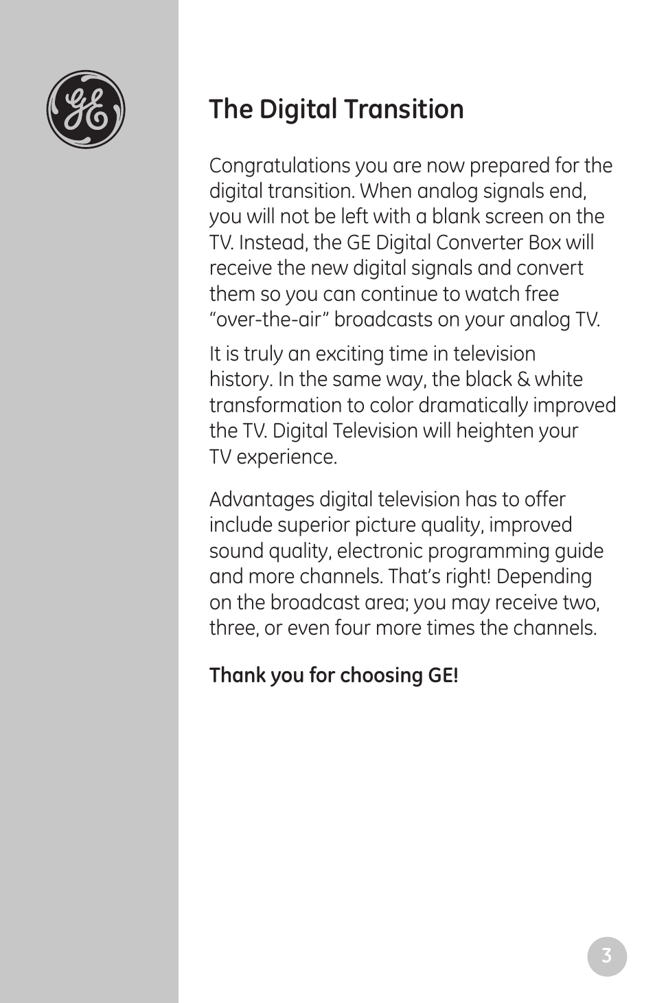 The digital transition | GE 22730 GE Smart Digital Converter Box User Manual | Page 3 / 23