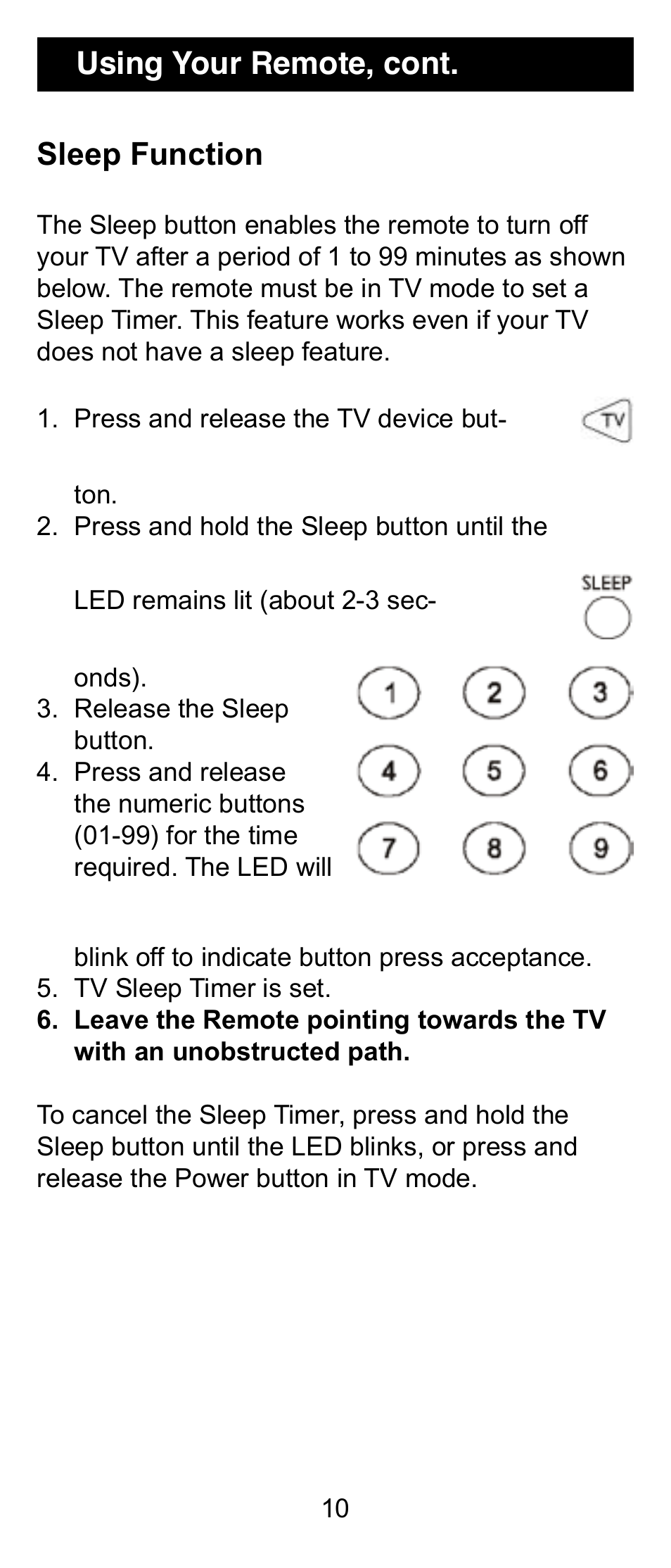 Using your remote, cont. sleep function | GE RM24906 User Manual | Page 10 / 16