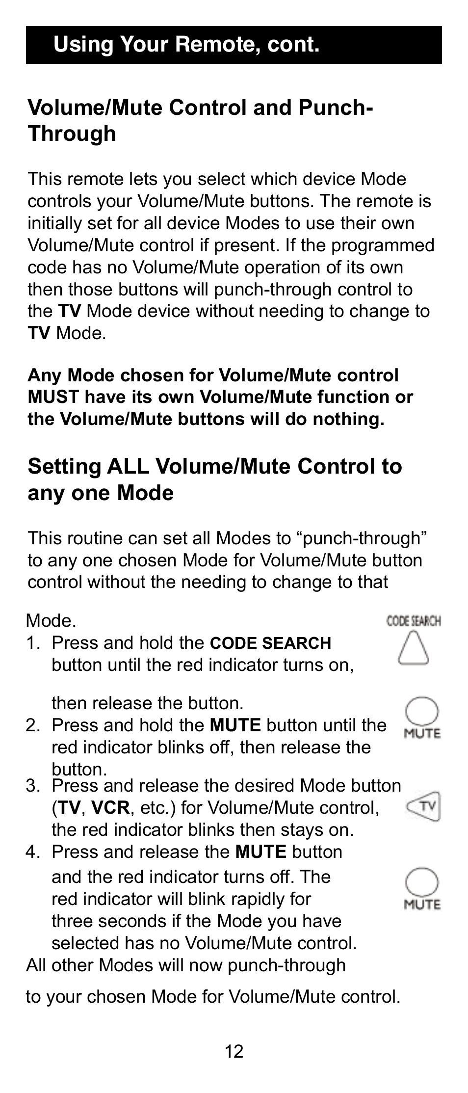 Volume/mute control and punch- through, Setting all volume/mute control to any one mode, Using your remote, cont | GE RM24906 User Manual | Page 12 / 16