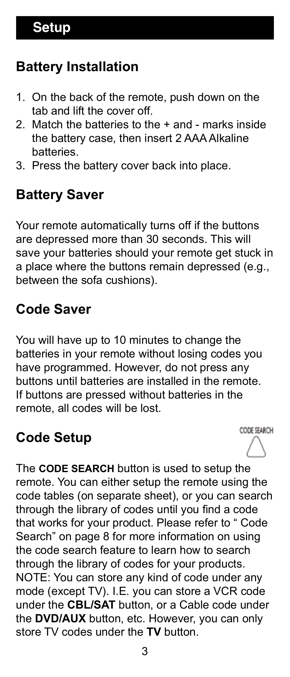 Battery installation, Battery saver, Code saver | Code setup, Setup | GE RM24906 User Manual | Page 3 / 16