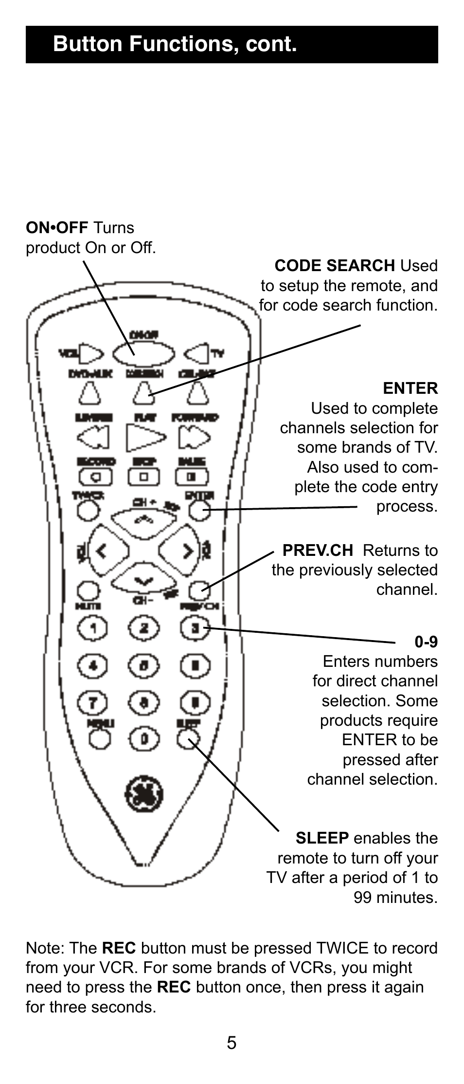Button functions, cont | GE RM24906 User Manual | Page 5 / 16