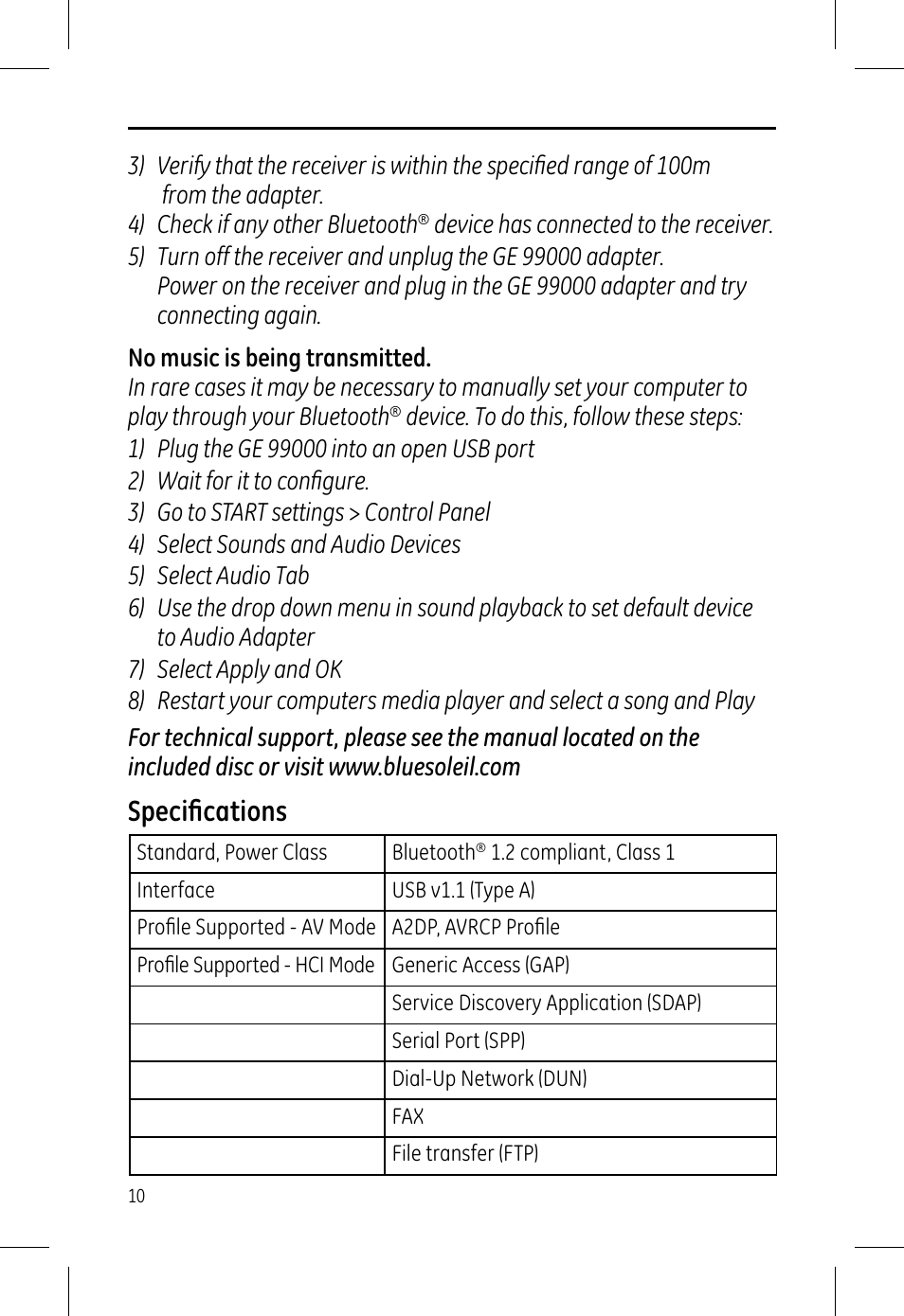 Speciﬁ cations | GE 99000 GE Bluetooth USB Adapter Audio & Data User Manual | Page 10 / 12